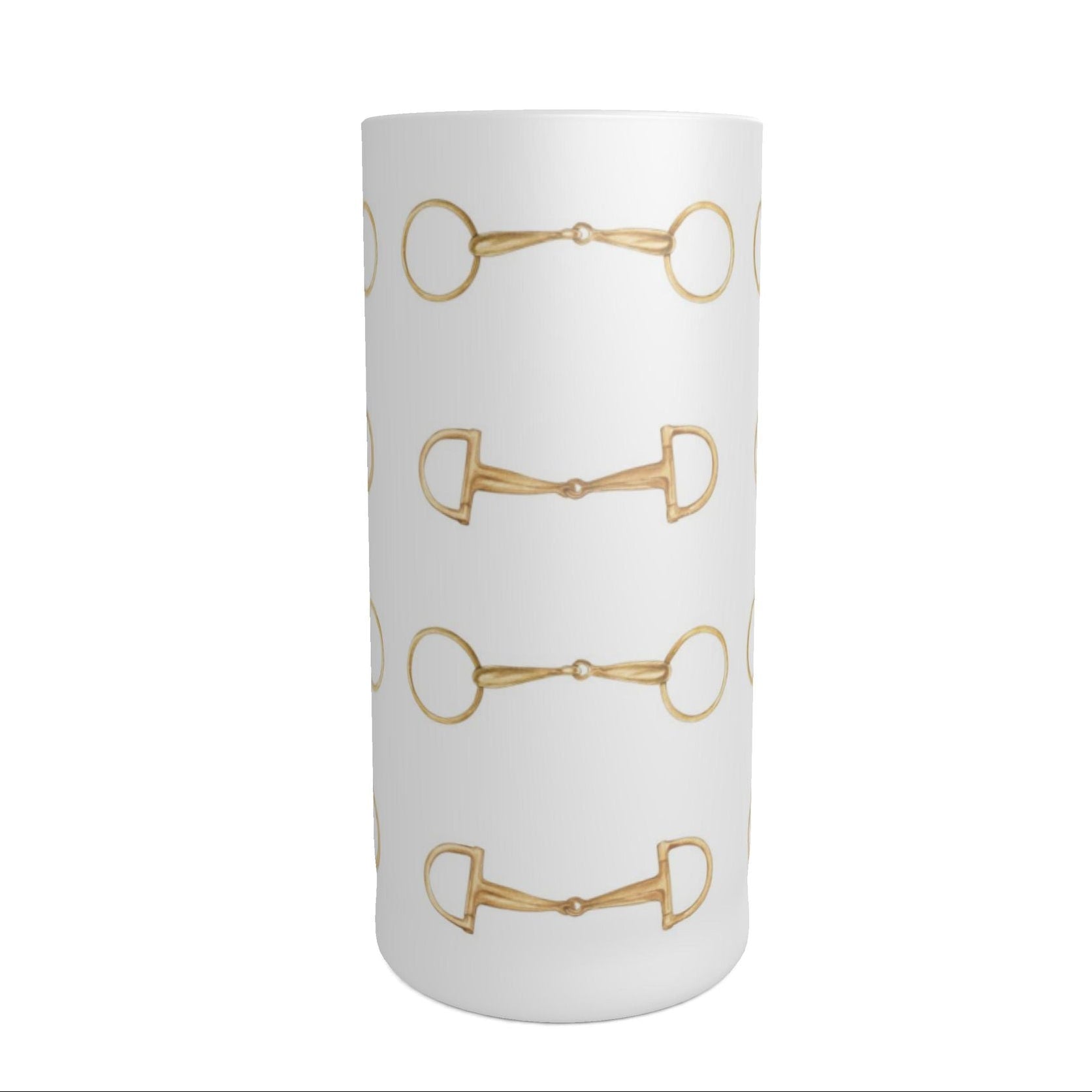 A tall frosted cylindrical shot glass decorated with a repeating pattern of gold horse bits, shown against a plain white background.