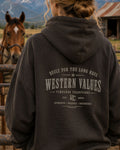 Vintage western values cowboy graphic hoodie with distressed typography design