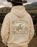 Vintage Rocky Mountain Rodeo Co western graphic hoodie with bronc rider artwork