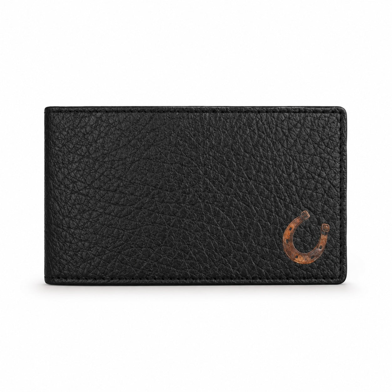 A black textured leather card holder wallet with a small brown horseshoe logo in the bottom right corner, shown on a plain white background.