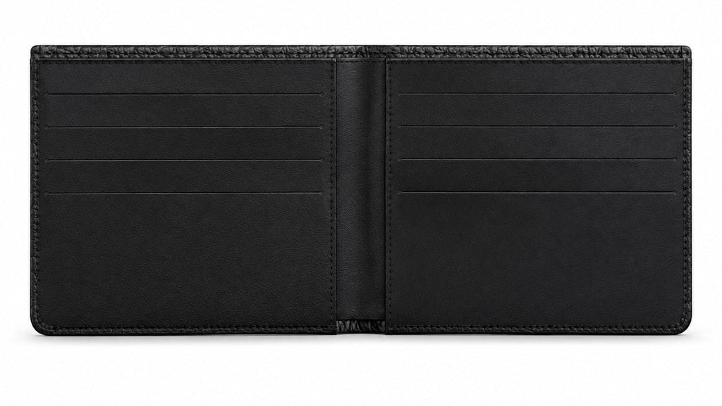 A black leather bifold wallet shown open, displaying multiple card slots and a central pocket, photographed against a plain white background.