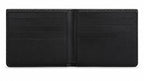 A black leather bifold wallet shown open, displaying multiple card slots and a central pocket, photographed against a plain white background.
