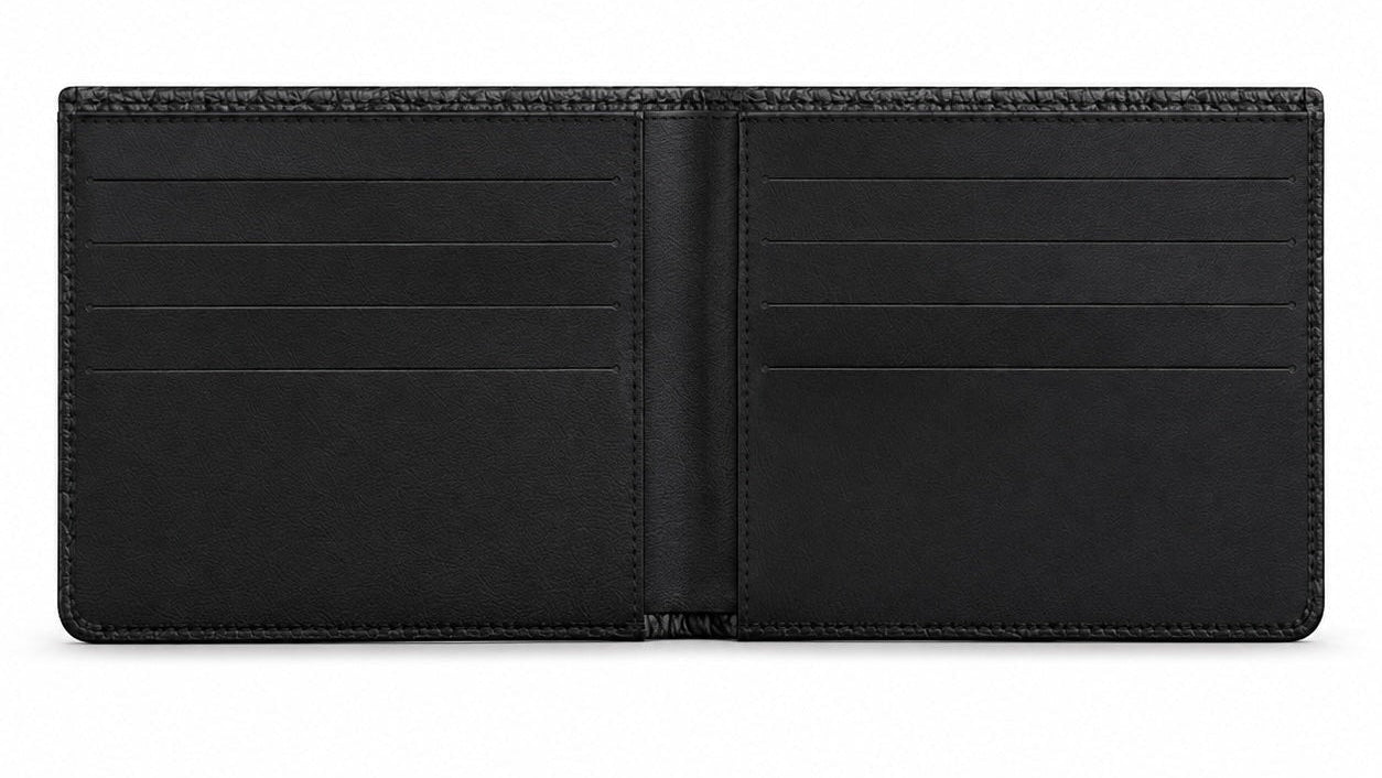 A black leather bifold wallet shown open, displaying multiple card slots and a central pocket, photographed against a plain white background.