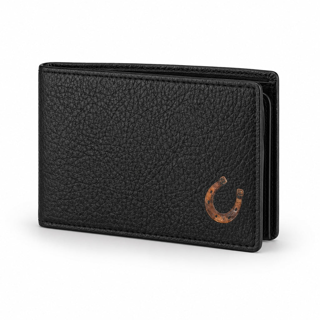 A black pebbled leather bifold wallet with a small brown horseshoe emblem on the lower right corner, shown on a clean white background.