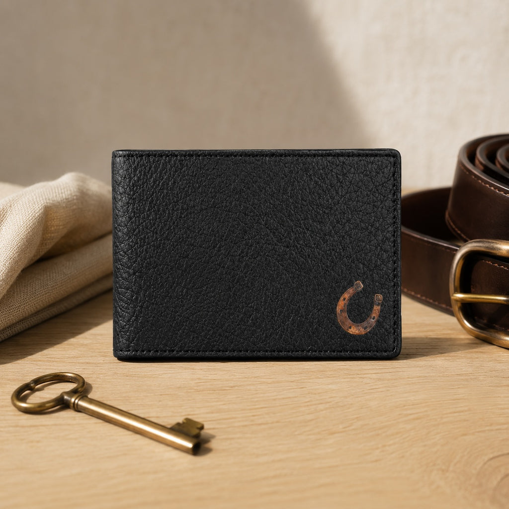 A black textured leather bifold wallet with a small brown horseshoe logo on the lower right, displayed on a light wood surface with a gold key, a beige cloth, and a brown leather belt in the background.