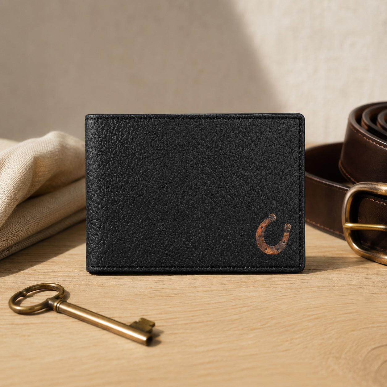 A black textured leather bifold wallet with a small brown horseshoe logo on the lower right, displayed on a light wood surface with a gold key, a beige cloth, and a brown leather belt in the background.