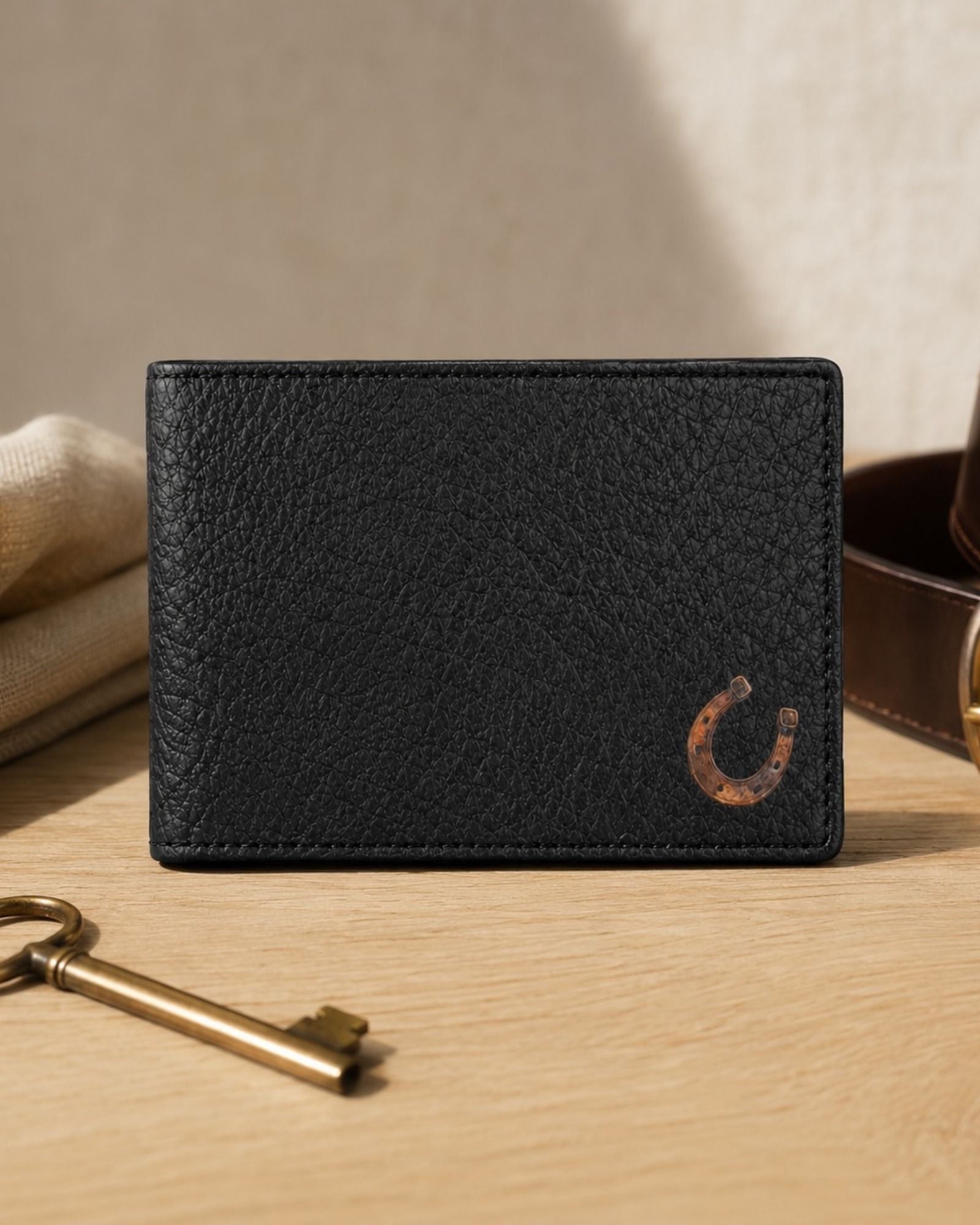 A black textured leather bifold wallet with a small brown horseshoe logo on the bottom right, displayed on a light wood tabletop with a brass key, folded beige cloth, and a brown leather belt in the background.
