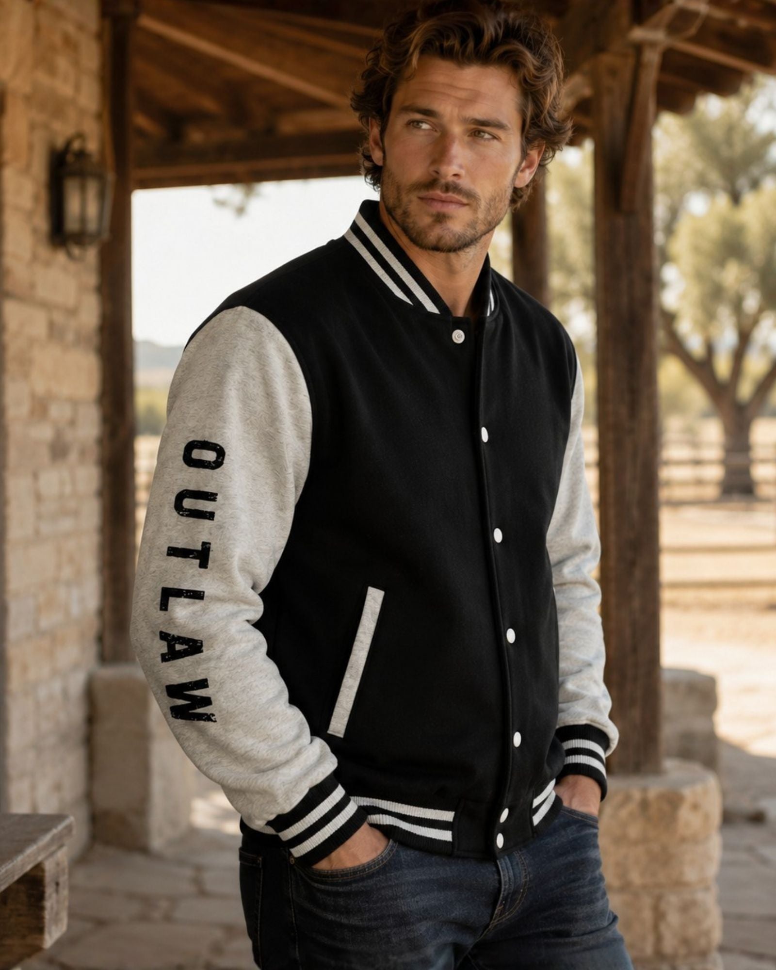 A man wearing a black and light gray varsity jacket with 'OUTLAW' printed vertically on the sleeve, standing on a rustic porch.