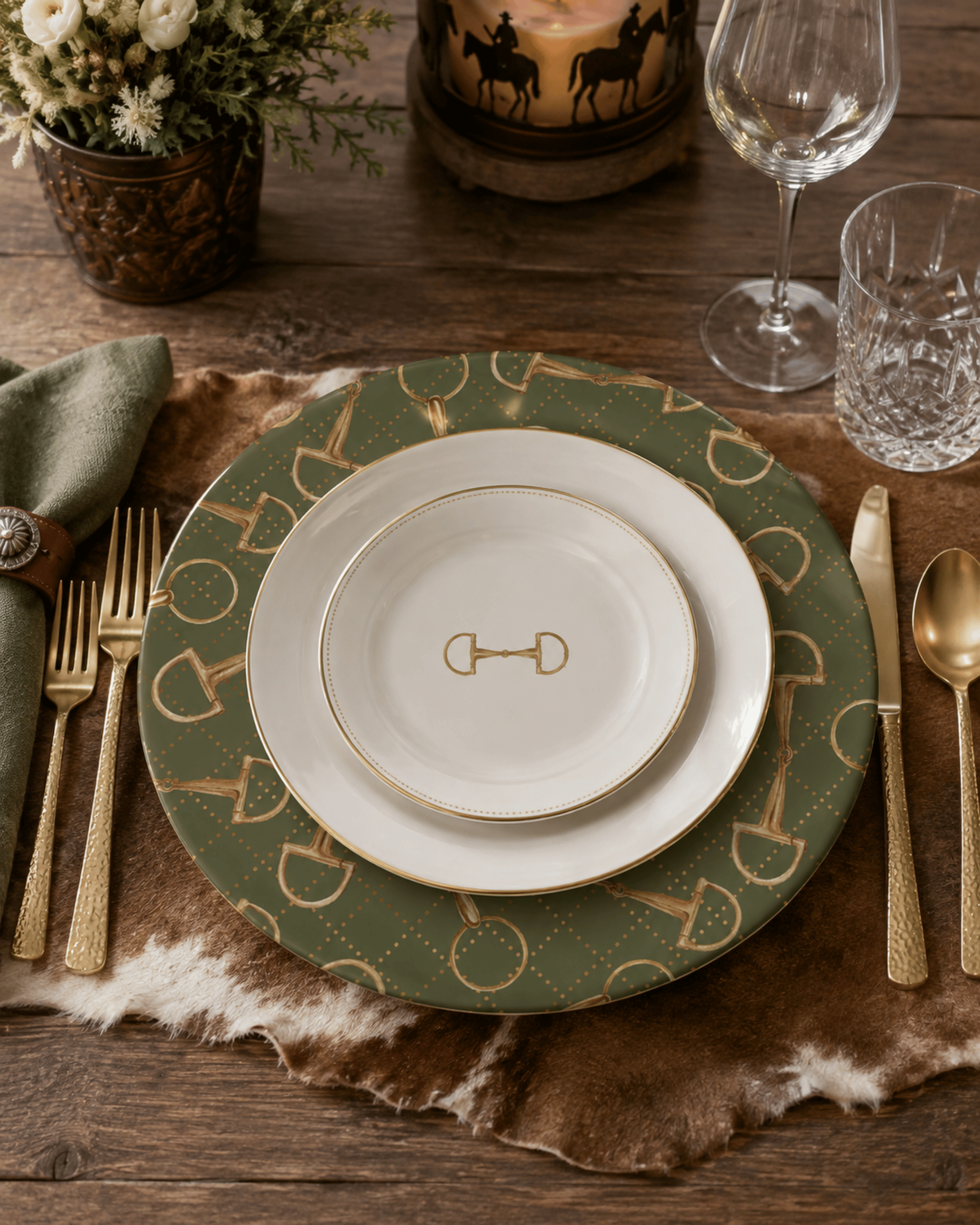 A styled table setting featuring a green and gold equestrian bi patterned charger plate, a white dinner plate with a gold horse bit motif, and gold flatware on a rustic wood table with a green napkin and glassware.