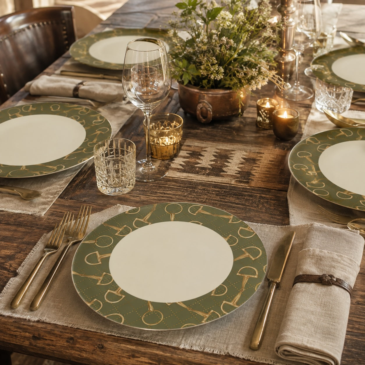 Olive Equestrian Bit Bone China Dinner Plates