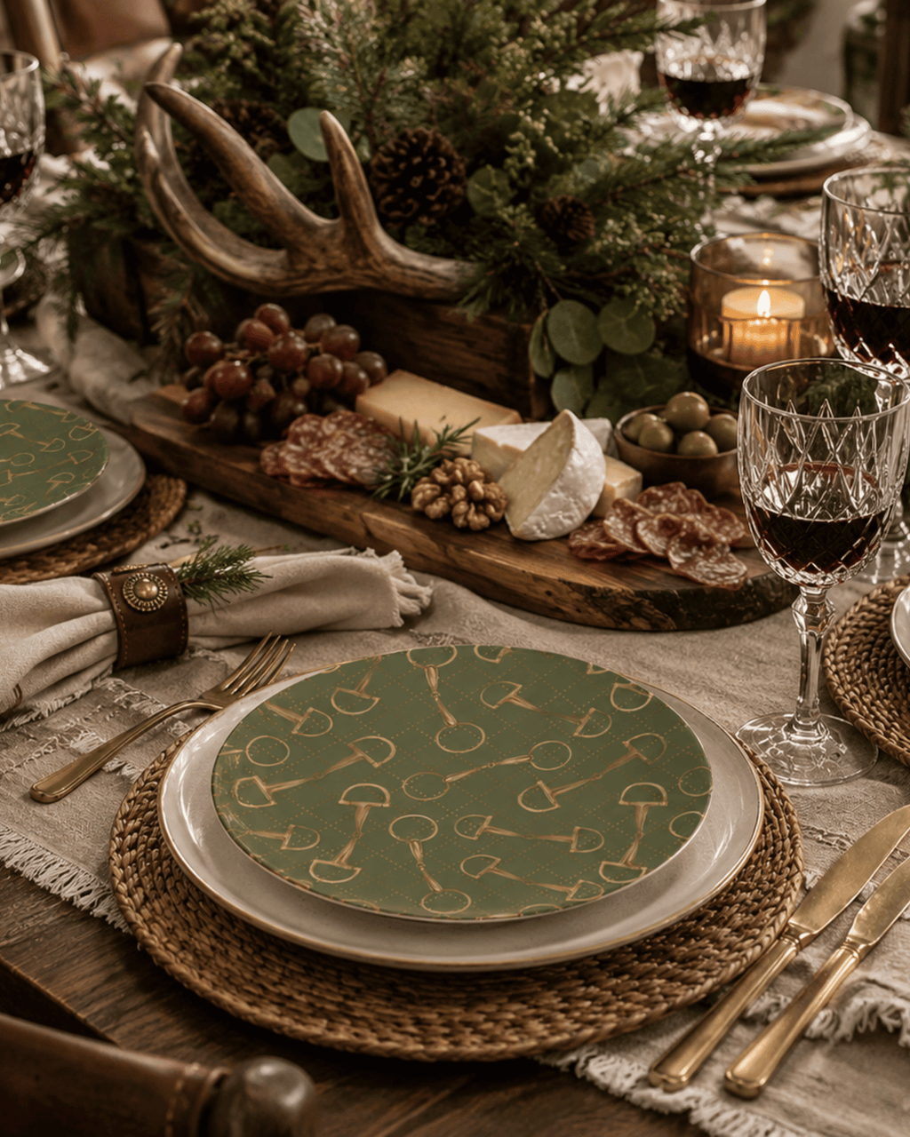 A styled dining table setting featuring green china plates with a gold key pattern, layered over white plates and woven brown placemats. The table is decorated with a rustic charcuterie board with cheese, grapes, olives, and a wooden antler centerpiece, alongside wine glasses, candles, and greenery.