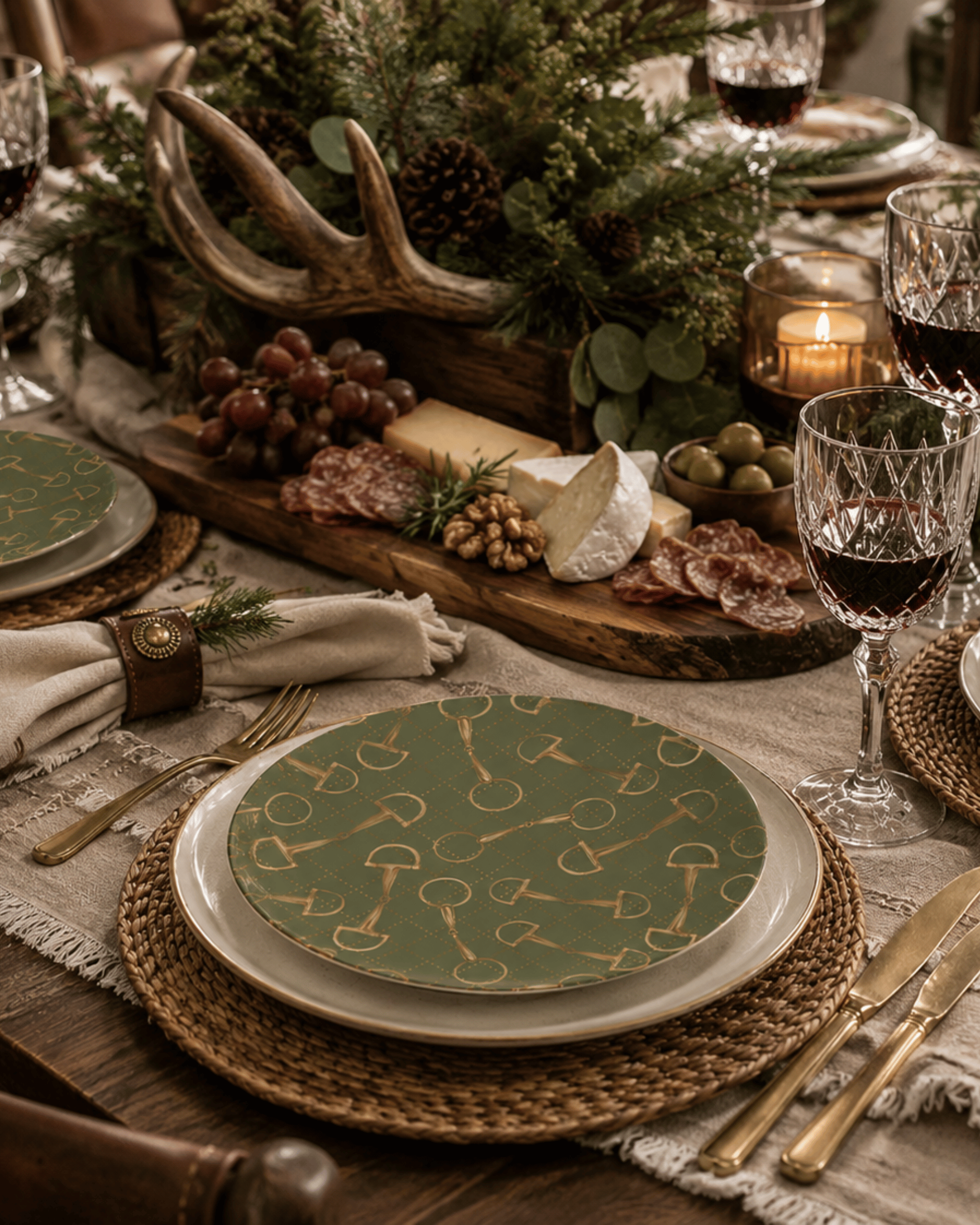 A styled dining table setting featuring green china plates with a gold key pattern, layered over white plates and woven brown placemats. The table is decorated with a rustic charcuterie board with cheese, grapes, olives, and a wooden antler centerpiece, alongside wine glasses, candles, and greenery.