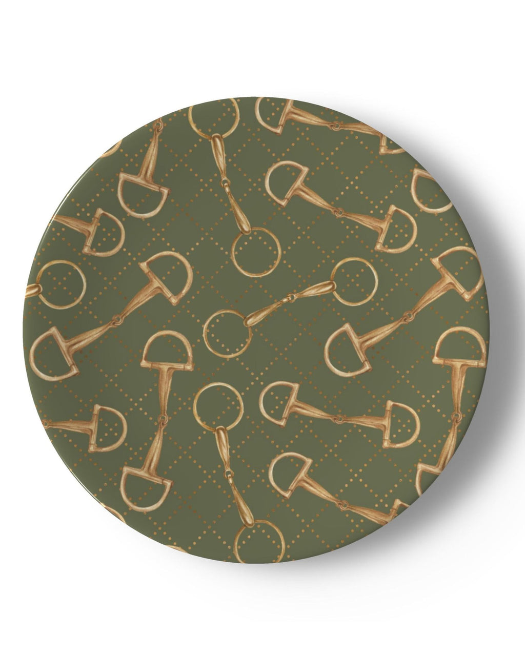 A round china dessert plate featuring an all-over pattern of gold horse bits on an olive green background with a subtle dotted diamond grid.