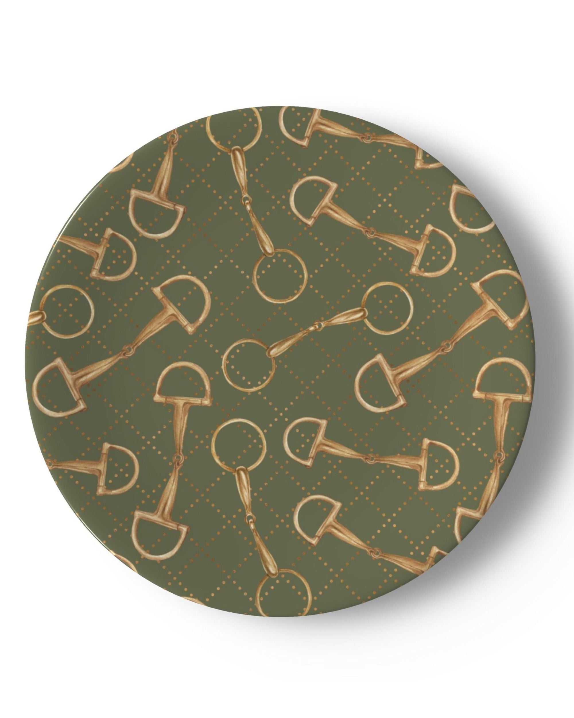 A round china dessert plate featuring an all-over pattern of gold horse bits on an olive green background with a subtle dotted diamond grid.