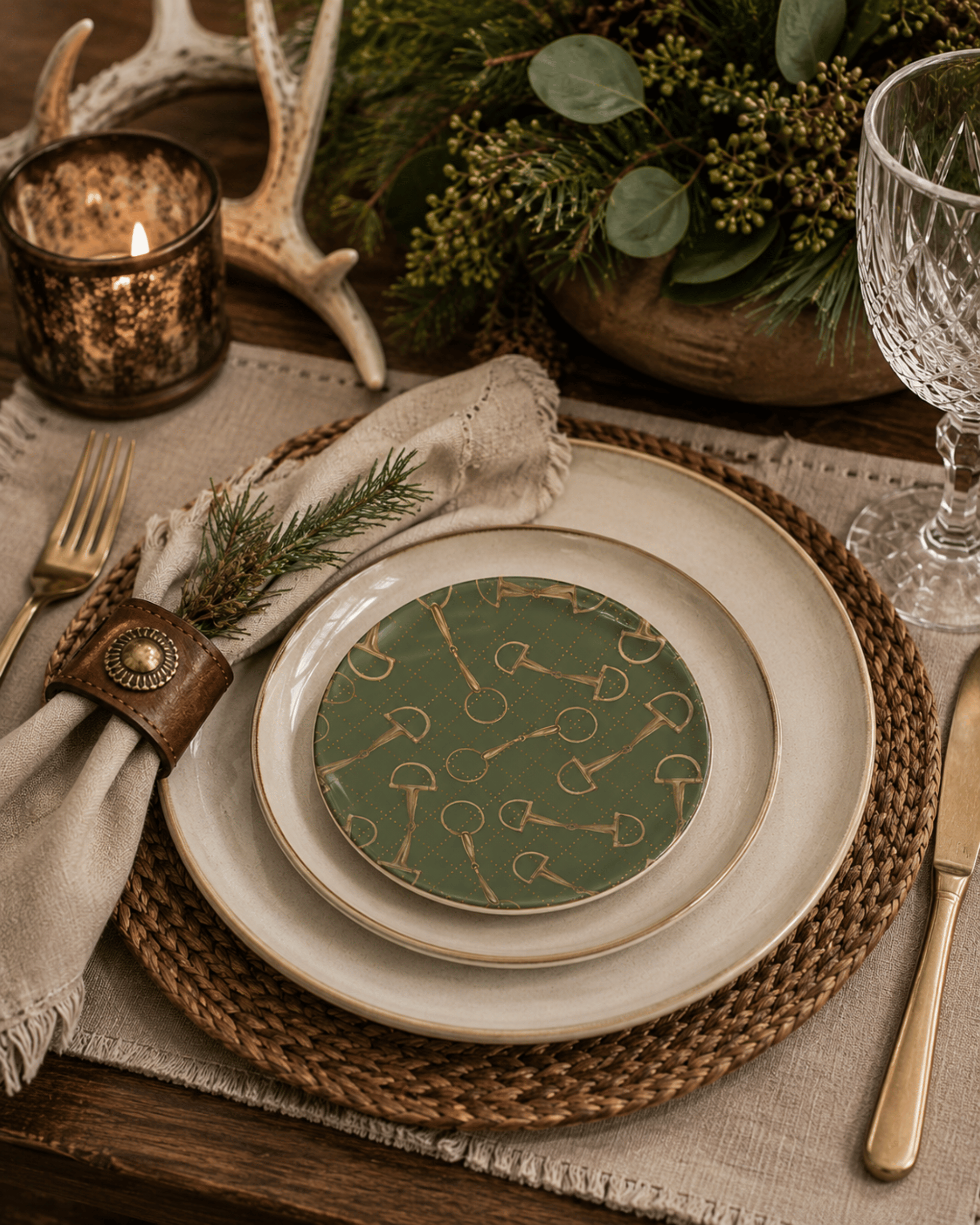 A styled table setting featuring a green china dessert plate with an olive gold equestrian pattern, layered on cream plates over a woven placemat, with a candle, glass, and floral decor in the background.