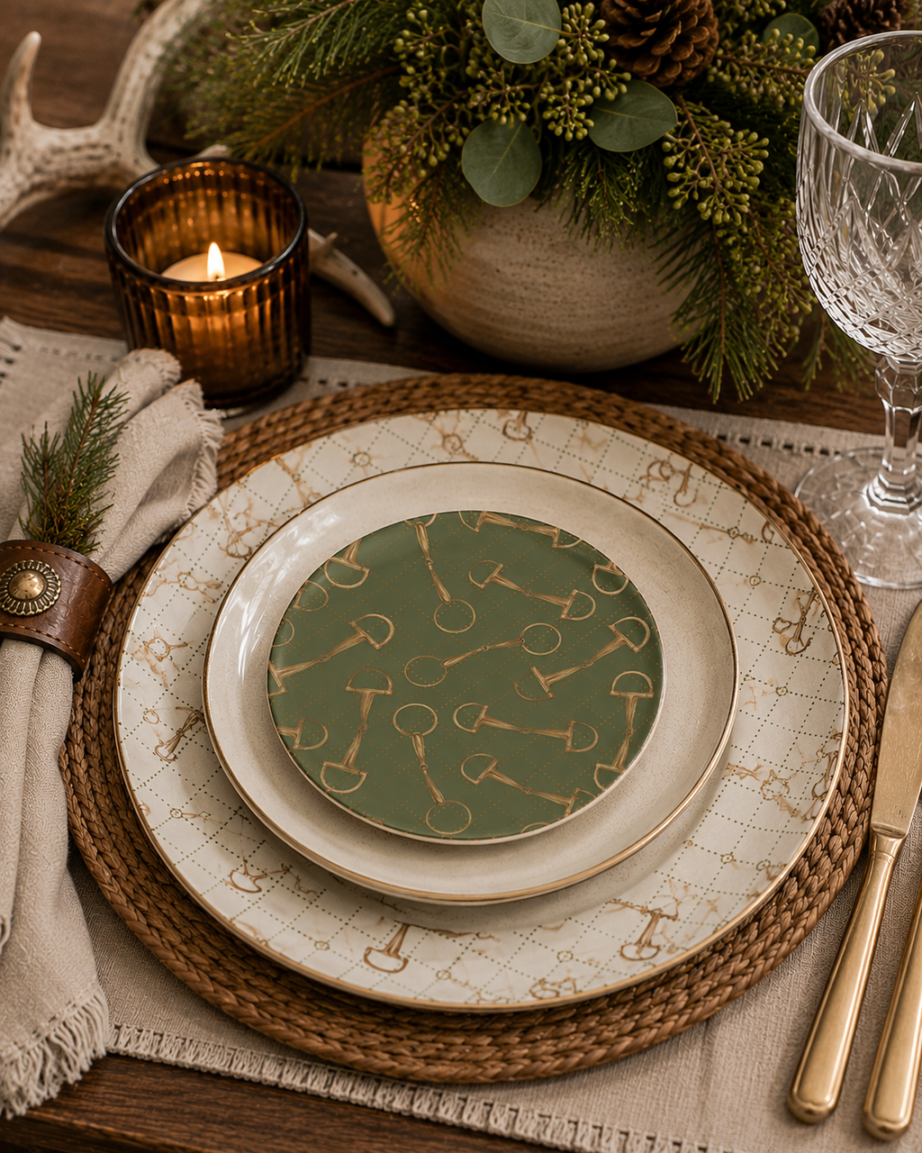 A styled table setting featuring a green china plate with a gold equestrian bit pattern, layered on cream and brown woven placemats with a candle, glassware, and holiday greenery in the background.