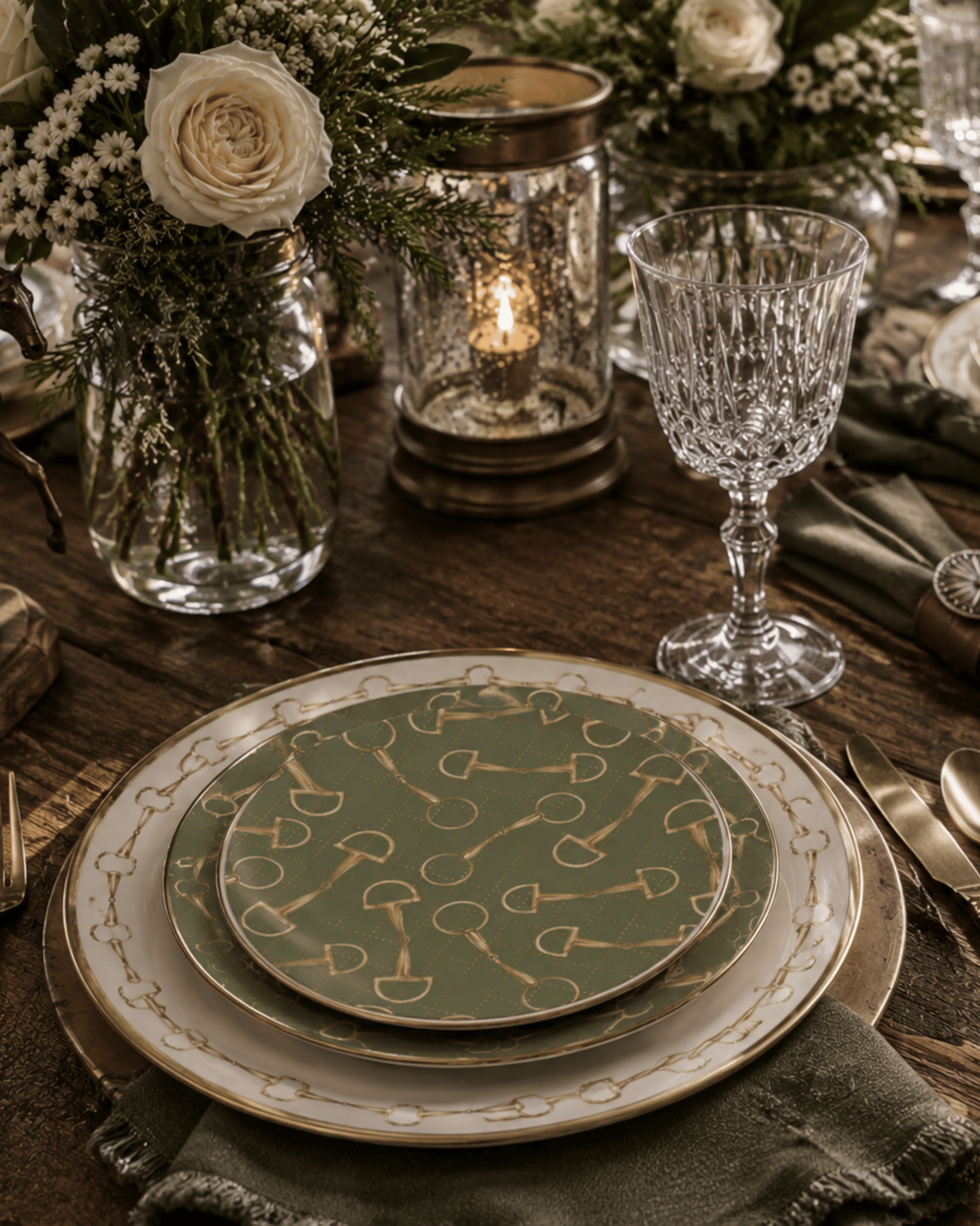 A styled table setting featuring a stack of china plates with a sage green and gold horse-bit pattern, set on a rustic wooden table with a glass goblet, candle holder, and floral arrangements.