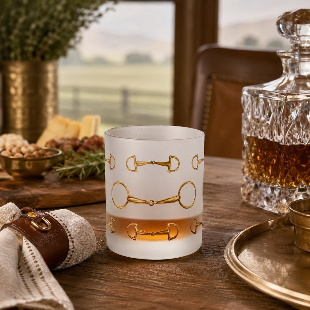 Gold Equestrian Bit Frosted Crystal Whiskey Glass