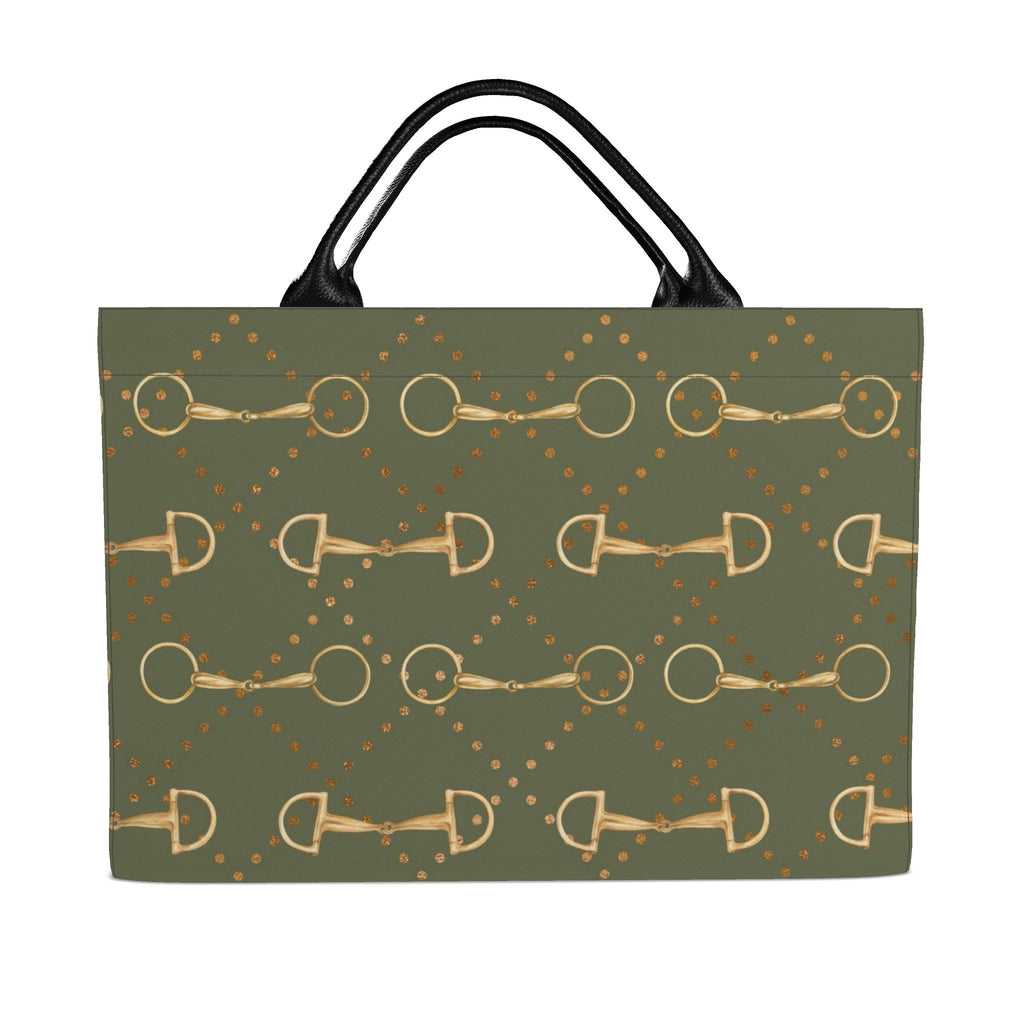 front of An olive green tote bag with a repeating pattern of gold horse bits and gold dots, featuring black shoulder straps, shown against a plain white background.