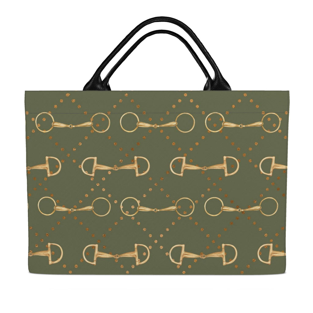 back of An olive green tote bag featuring a repeating pattern of gold horse bits and small gold dots, with black shoulder straps, shown against a plain white background.