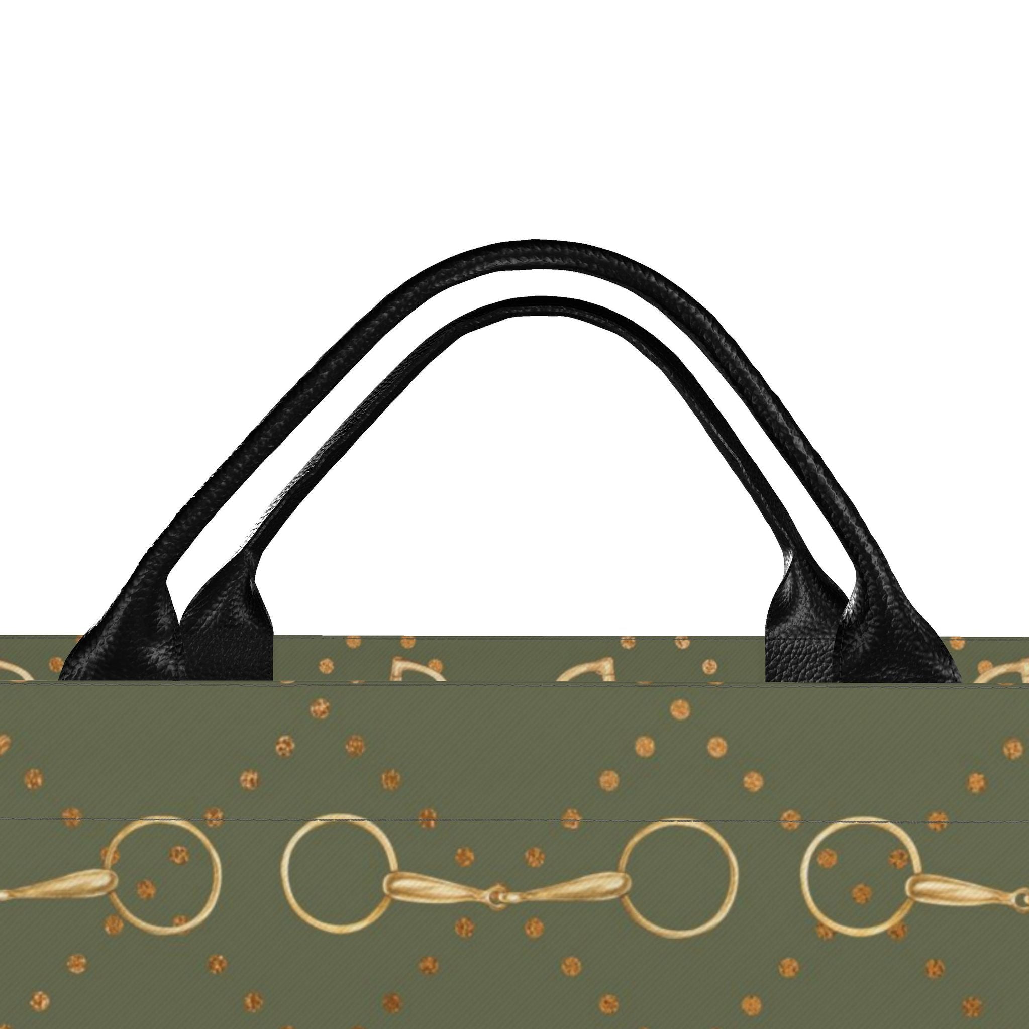 An olive green tote bag with black double leather shoulder straps, featuring a gold horse bit and gold dot pattern on a white background.