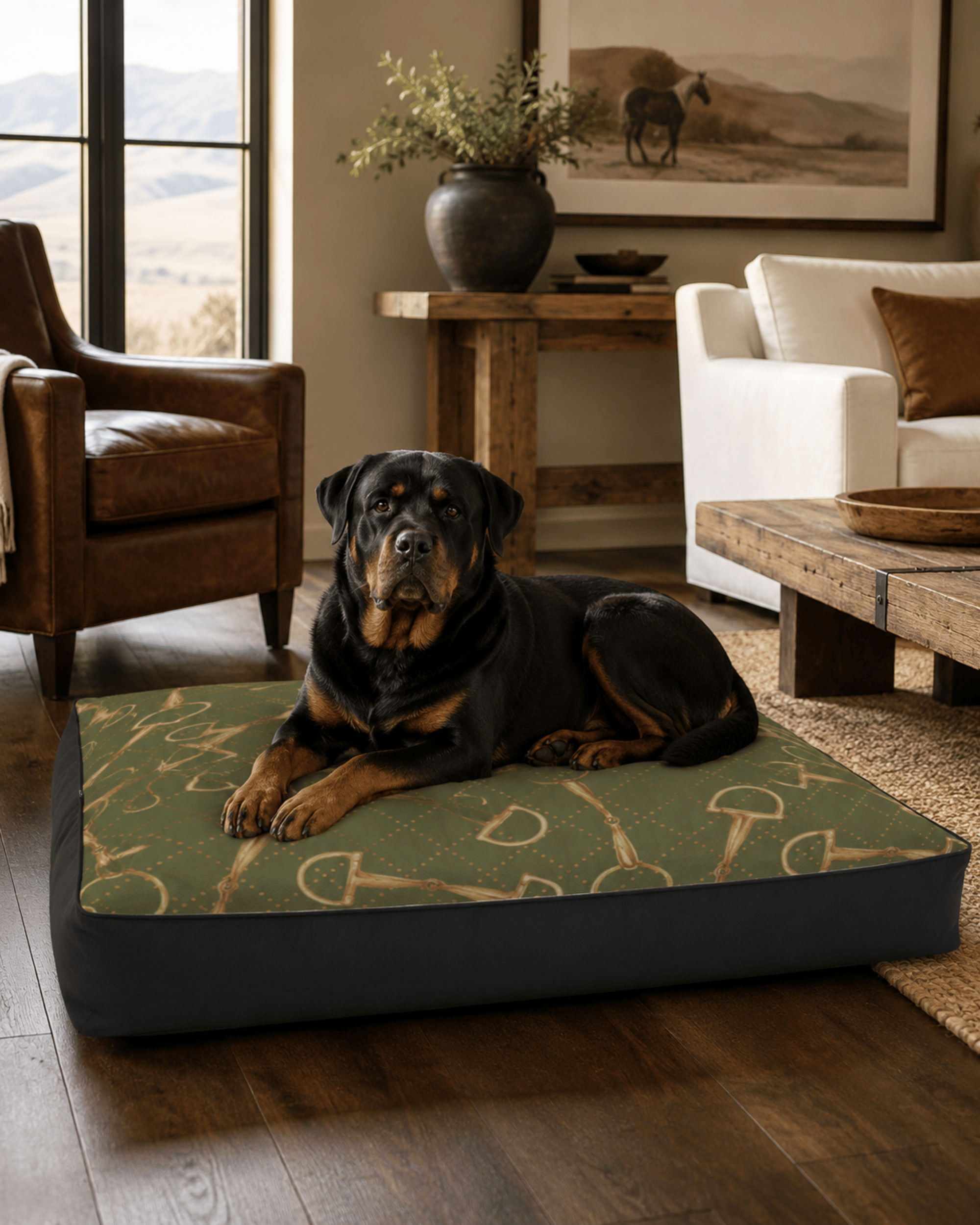 A Rottweiler dog lies on a rectangular dog bed in a styled living room. The dog bed has an olive green top with a gold horse-bit pattern and a dark charcoal gray side border.