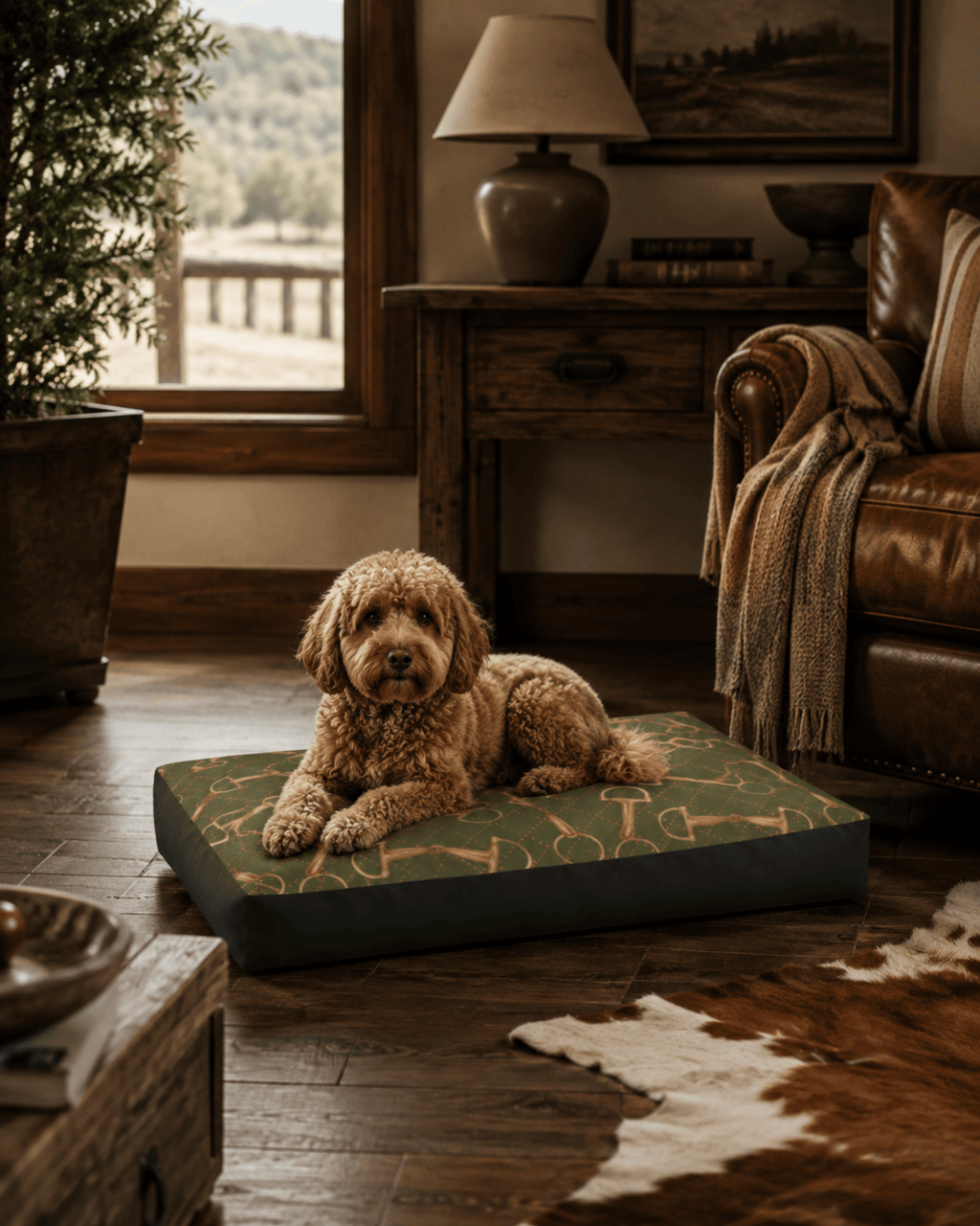 A golden doodle lies on a rectangular dog bed with a green and gold equestrian bit print pattern in a rustic living room with wood floors, a leather sofa, and a lamp in the background.