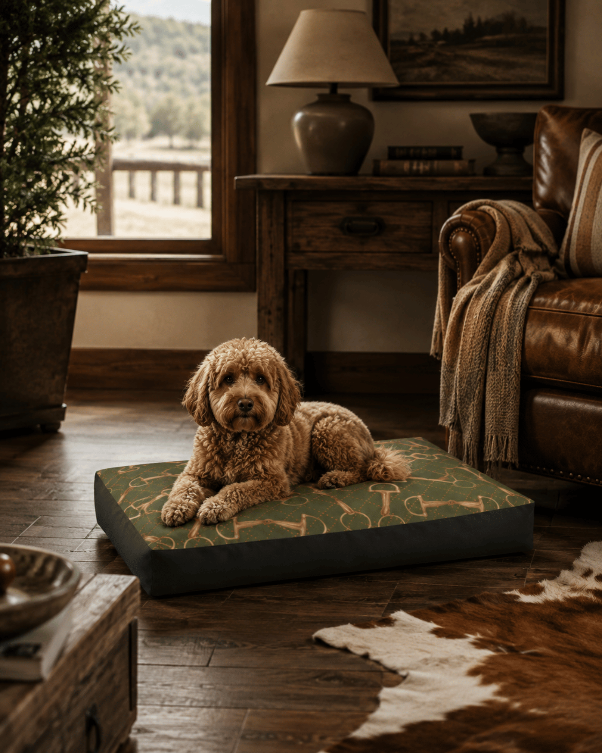 A golden doodle lies on a rectangular dog bed with a green and gold equestrian bit print pattern in a rustic living room with wood floors, a leather sofa, and a lamp in the background.