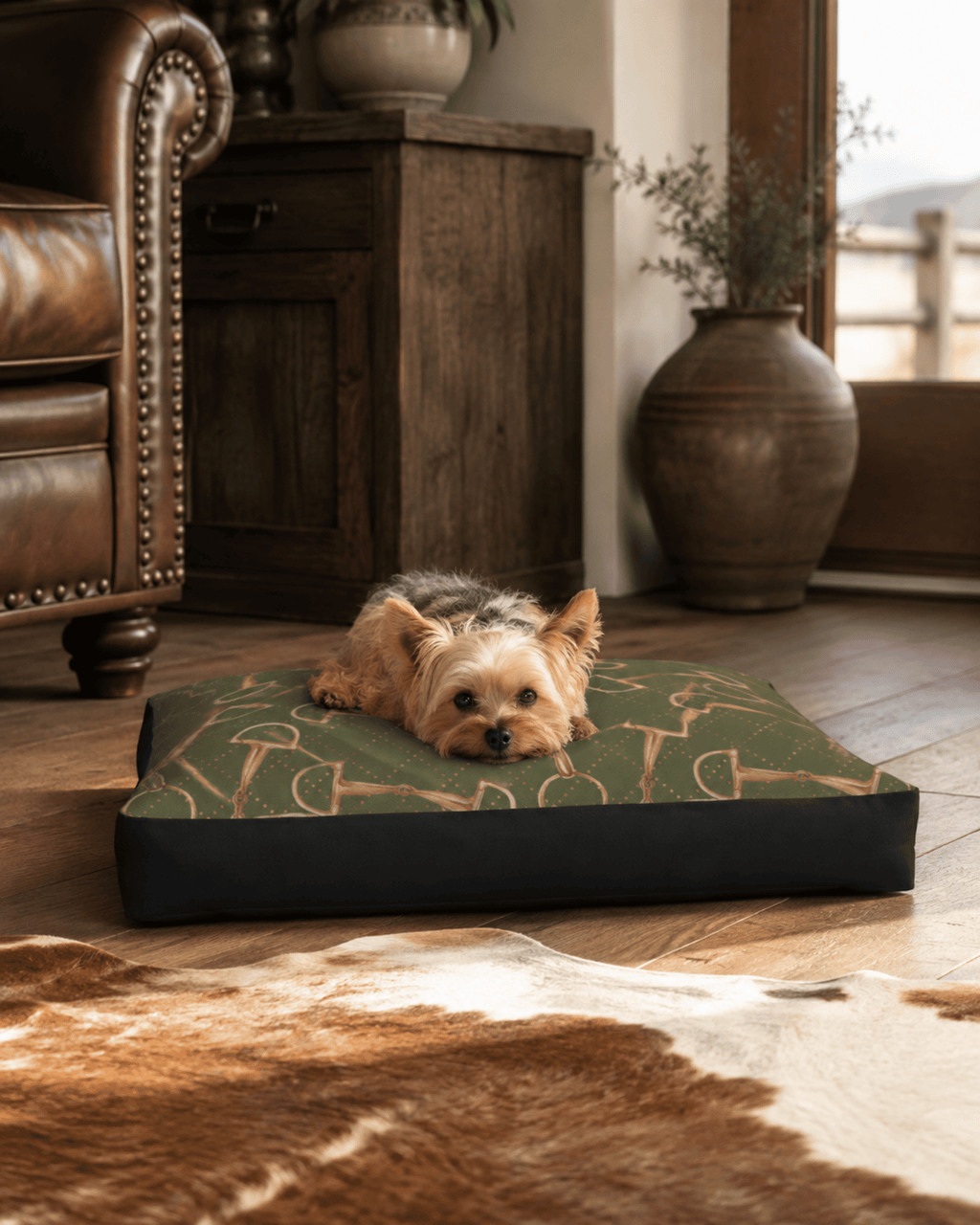 Olive Equestrian Bit Luxury Dog Bed - small