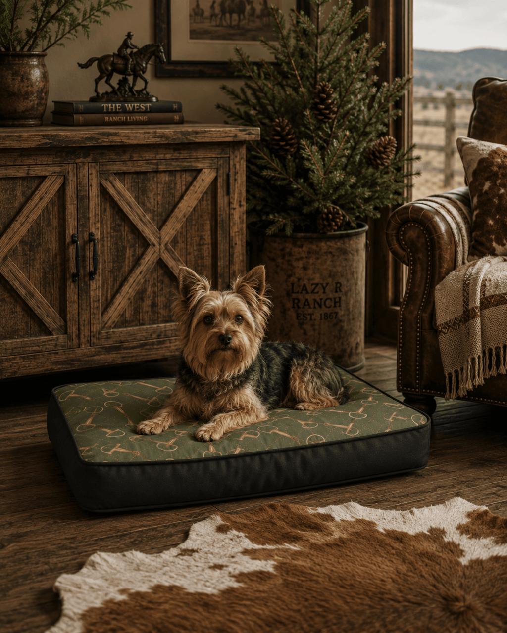 A small Yorkshire Terrier sits on a rectangular dog bed with a green gold equestria bit patterned top and dark gray sides, placed in a rustic living room with wood furniture, a cowhide rug, and potted plants.