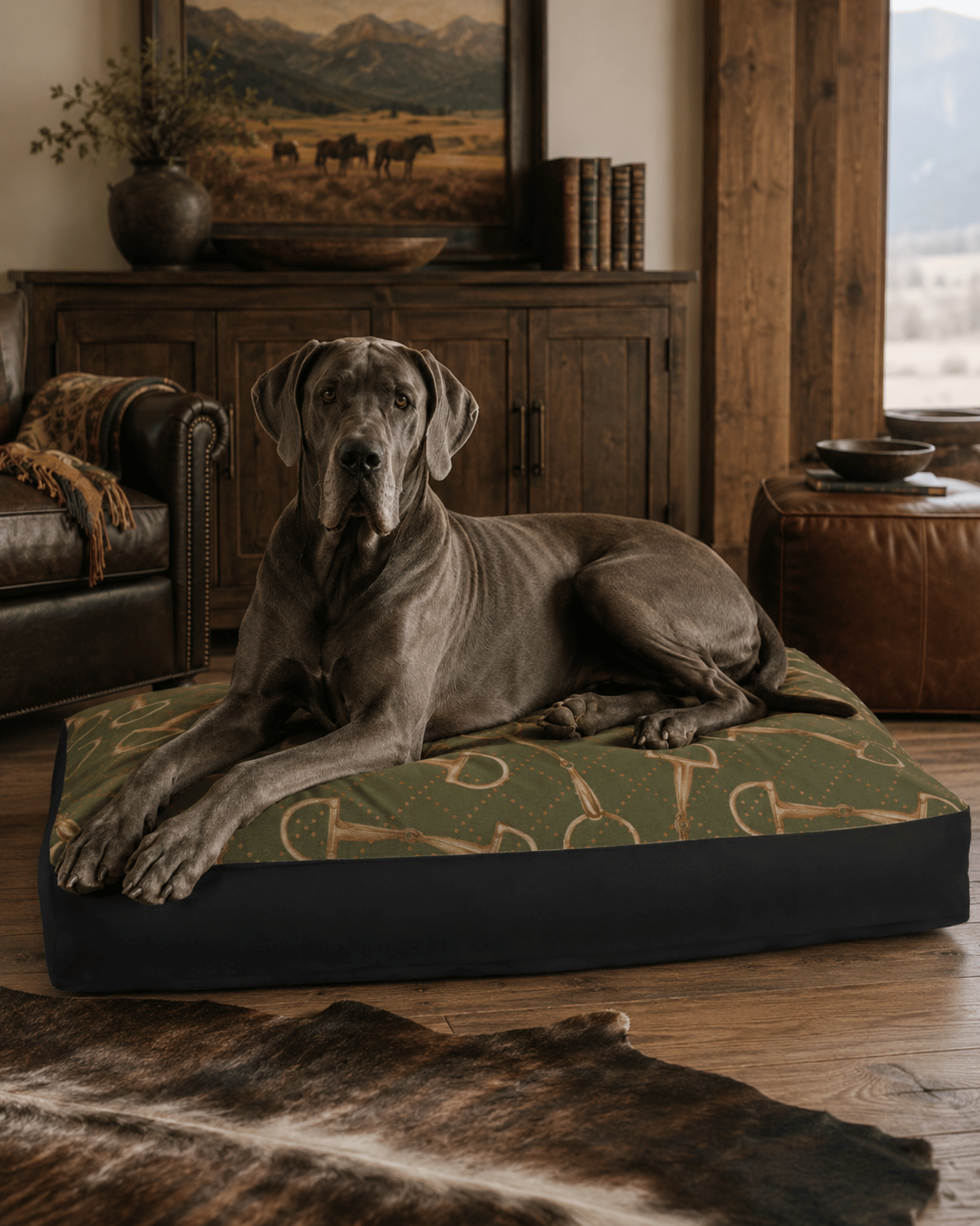 A large great dane lies on a rectangular dog bed with an olive green and tan equestrian bit patterned top and dark charcoal sides, placed in a rustic living room with wood furniture and a leather chair visible in the background.