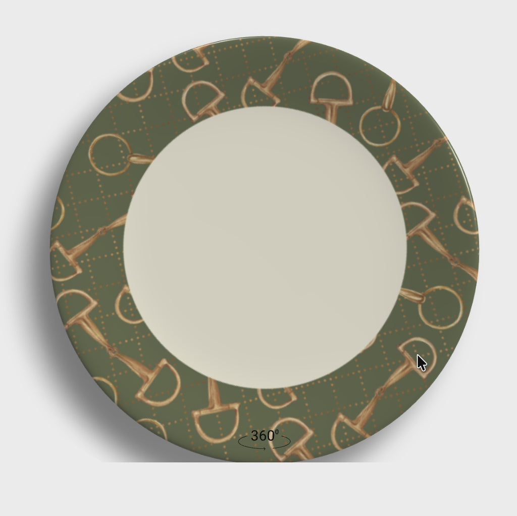 Olive Equestrian Bit Bone China Dinner Plates — Set of Four