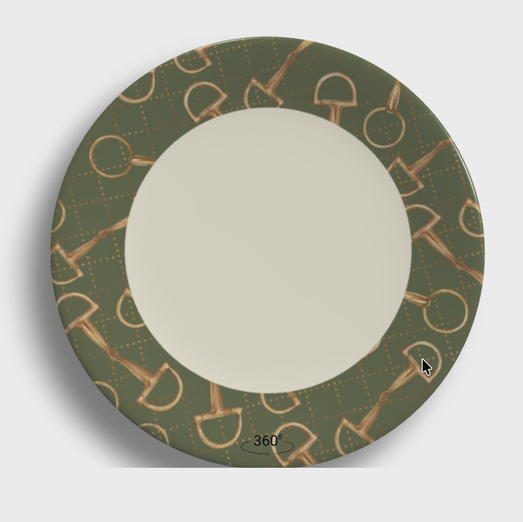 Olive Equestrian Bit Bone China Dinner Plates — Set of Four