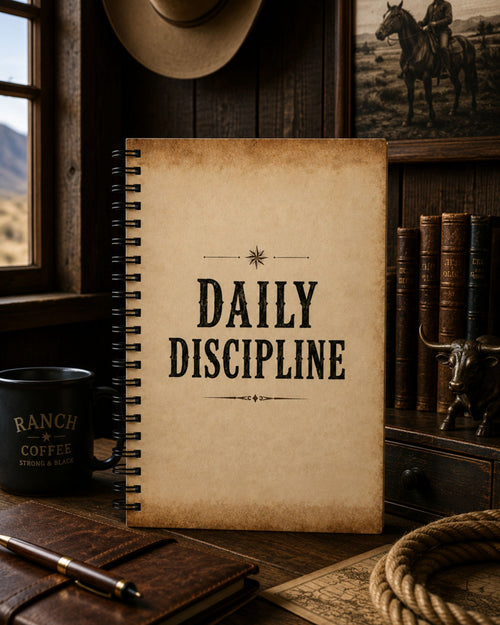A spiral-bound notebook with a distressed beige cover and the words 'DAILY DISCIPLINE' in black serif lettering, styled on a wooden desk with a mug, pen, rope, books, and a hat in a rustic interior.