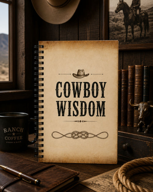 A spiral-bound notebook titled 'COWBOY WISDOM' with a cowboy hat graphic, displayed on a rustic wooden desk with books, a cow skull, and a coffee mug in a western-themed setting.