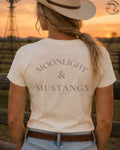 Minimalist western graphic tee featuring “Moonlight & Mustangs” with a soft cowgirl aesthetic. Perfect for horse lovers and western lifestyle fashion.
