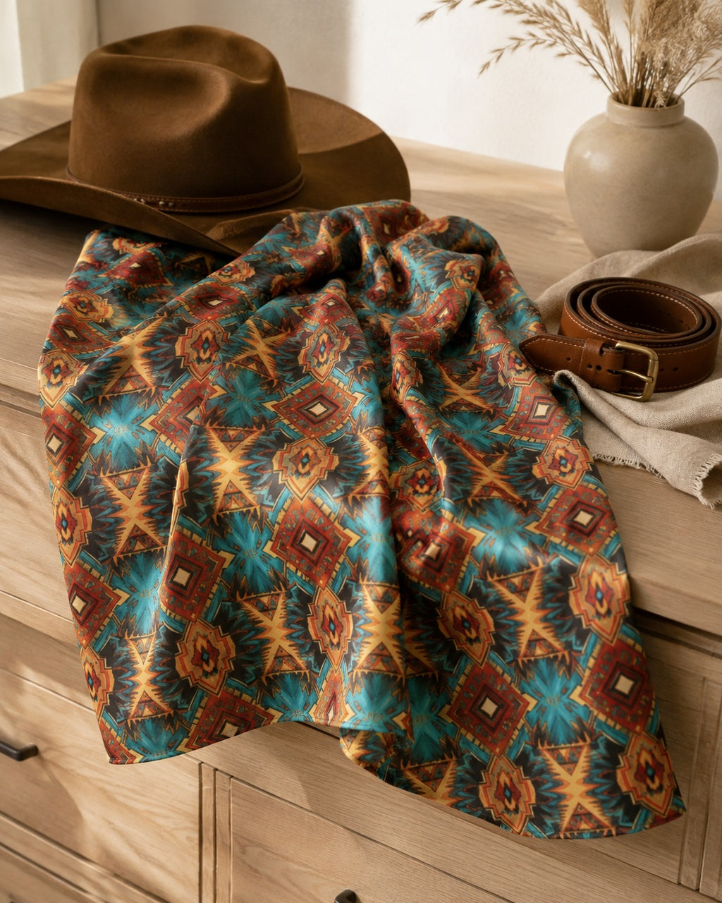 A draped scarf with a vibrant southwestern geometric pattern in teal, rust red, and gold, styled on a light wood dresser alongside a brown hat, a rolled brown belt, and a beige ceramic vase with dried grass.