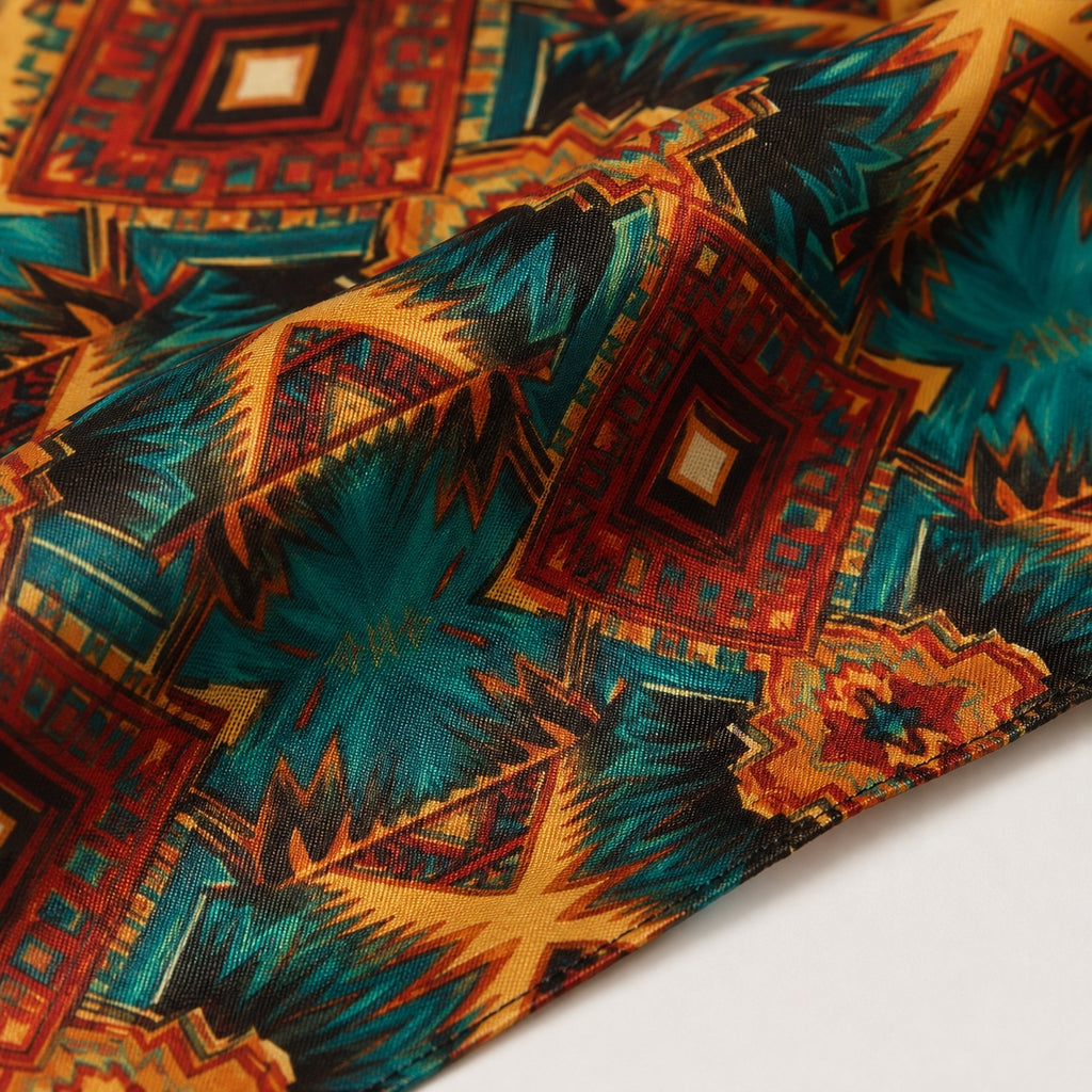 A close-up of a patterned fabric with a bold geometric and tribal-inspired print in teal, rust red, mustard yellow, and black, draped diagonally across a white surface.