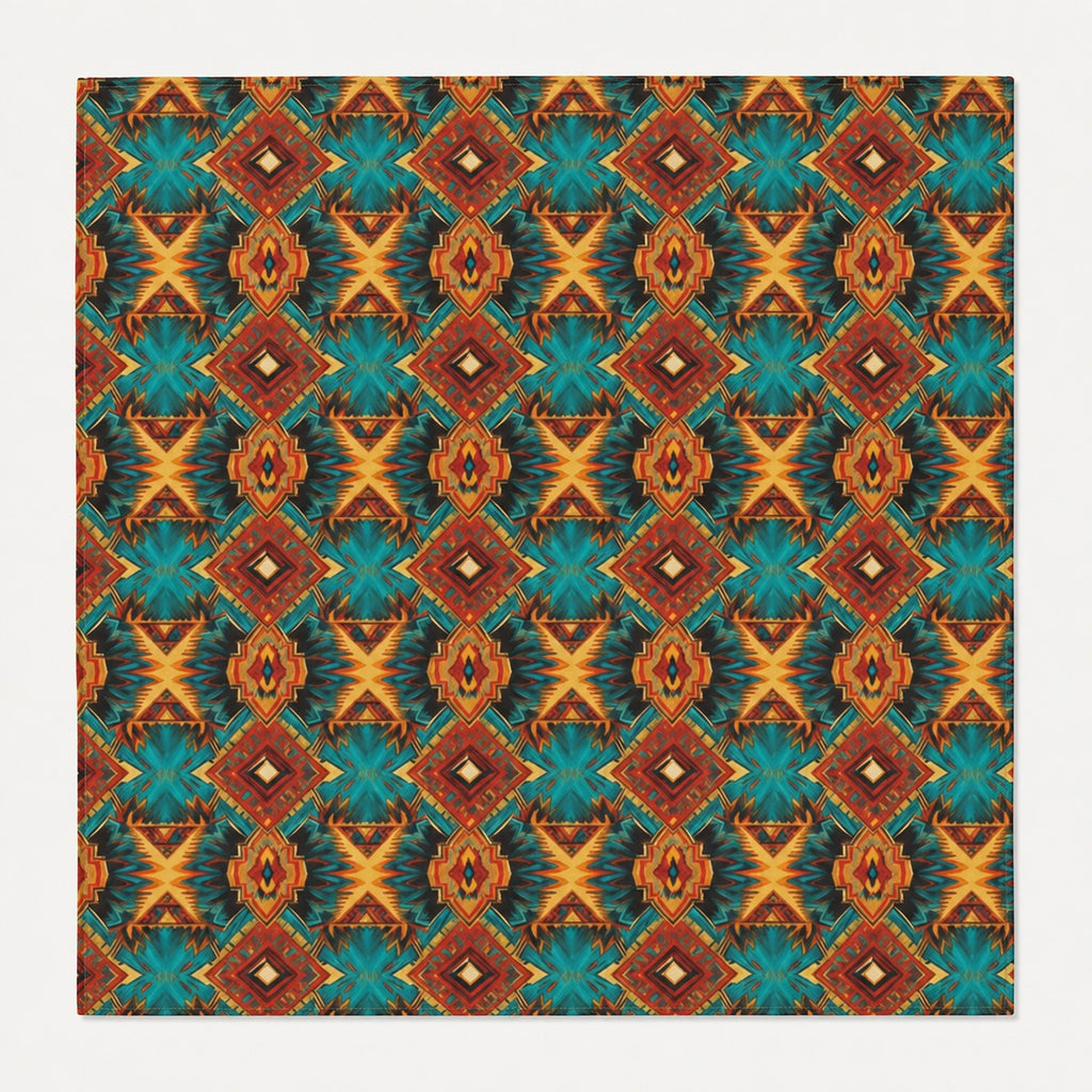 A square product featuring a repeating geometric pattern with teal, rust red, orange, and yellow tribal-inspired motifs on a light gray background.
