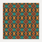 A square product featuring a repeating geometric pattern with teal, rust red, orange, and yellow tribal-inspired motifs on a light gray background.