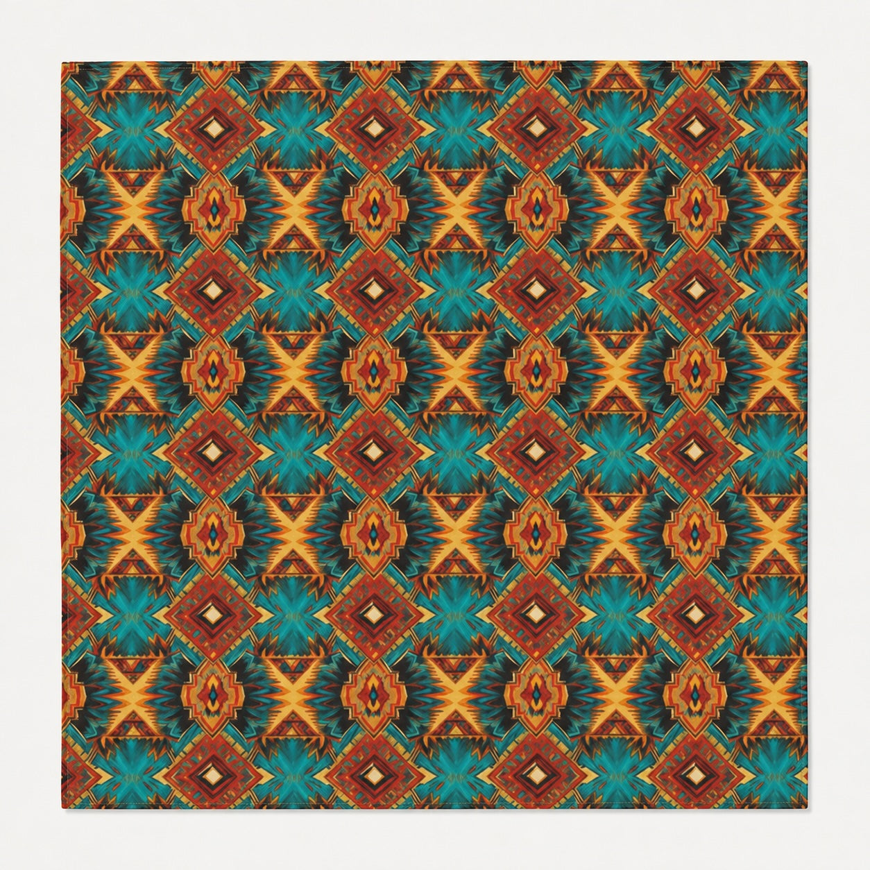 A square product featuring a repeating geometric pattern with teal, rust red, orange, and yellow tribal-inspired motifs on a light gray background.