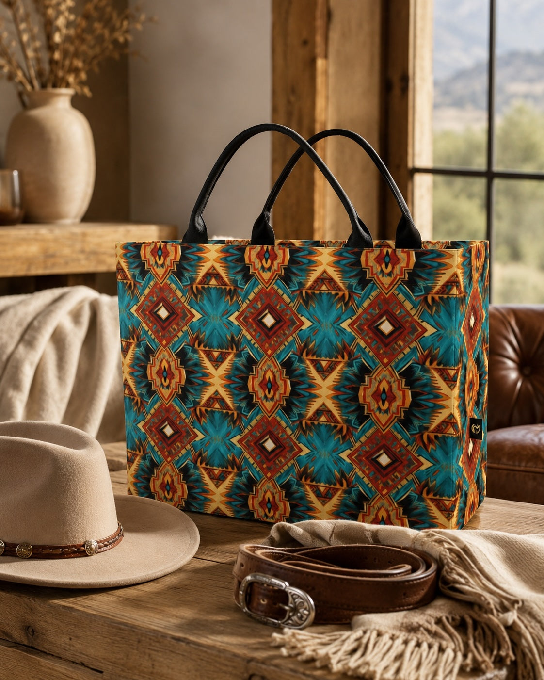 A custom designed denim tote bag with leather handles and a colorful Southwestern geometric pattern in teal, orange, and brown, styled on a rustic wooden table with a cowboy hat, leather belt, and fringed scarf in a warm, cabin-like setting.