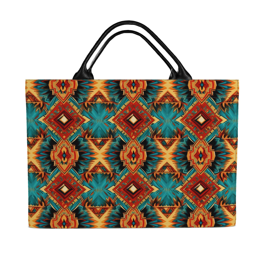 front side of tote bag featuring a vibrant, symmetrical geometric pattern in teal, rust red, orange, and gold, with black shoulder straps, shown against a plain white background.
