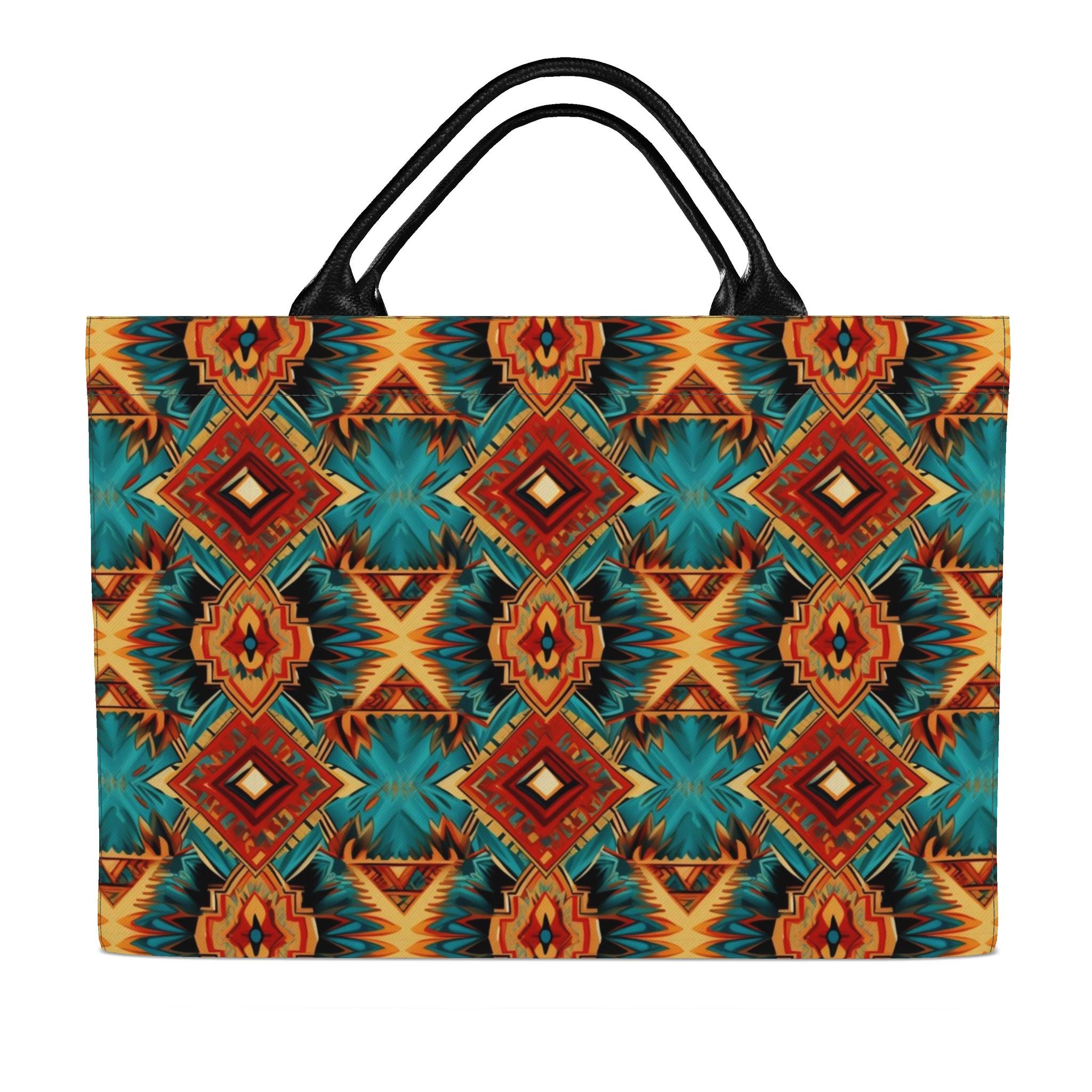 back side tote bag with a vibrant Southwestern geometric pattern in teal, orange, red, and black, featuring dual black shoulder straps, shown against a plain white background.